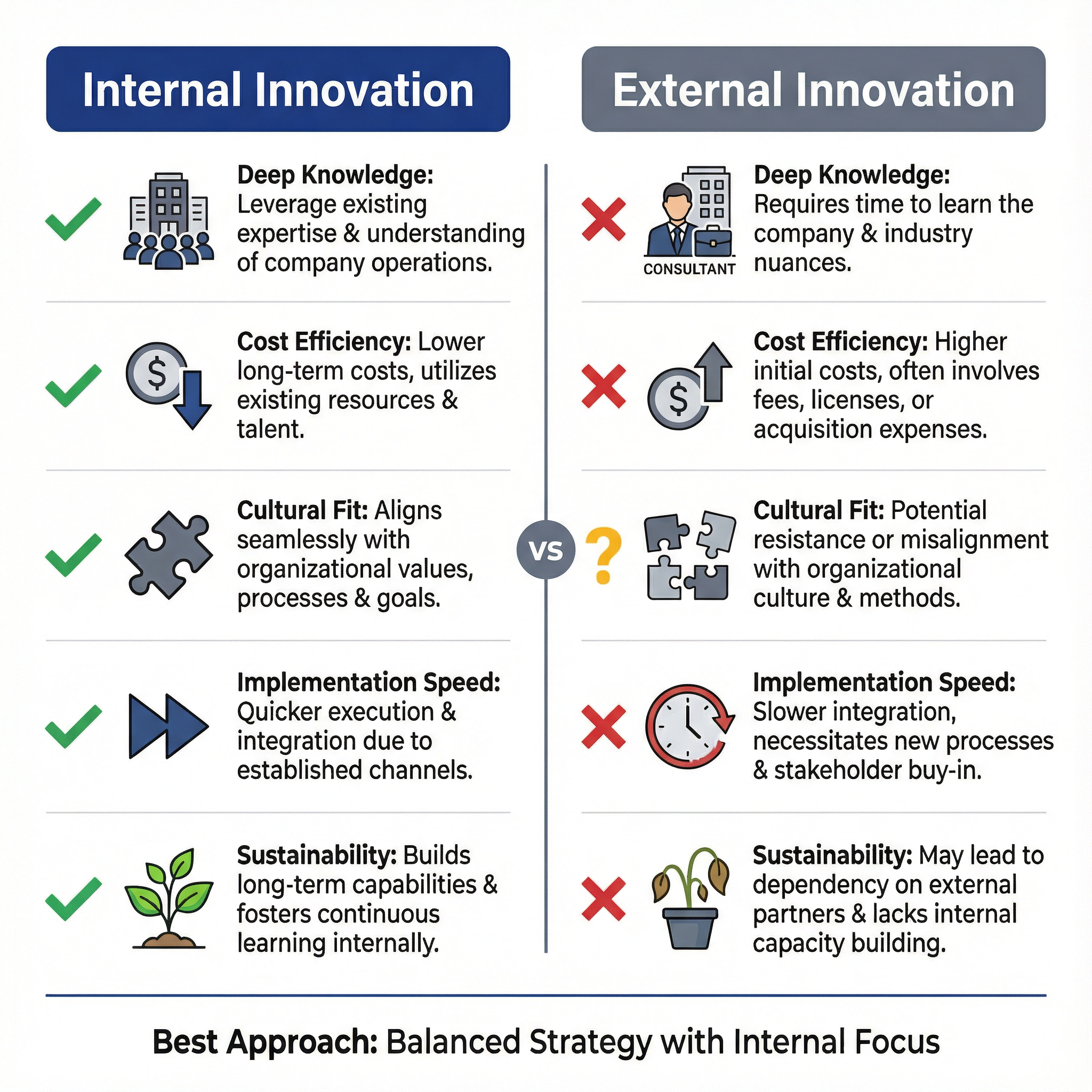 Comparison of Internal vs External Innovation showing advantages of internal innovation in deep knowledge, cost efficiency, cultural fit, implementation speed, and sustainability